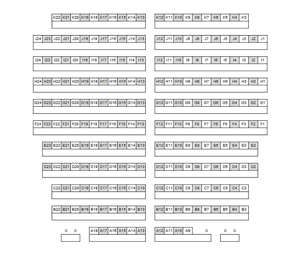 Seating chart diagram for FRNY G140 showing eleven rows of seats ranging from 9 to 24 seats, with an aisle separating all rows in half, every other chair noted as unavailable for testing and five accessible seating spaces.