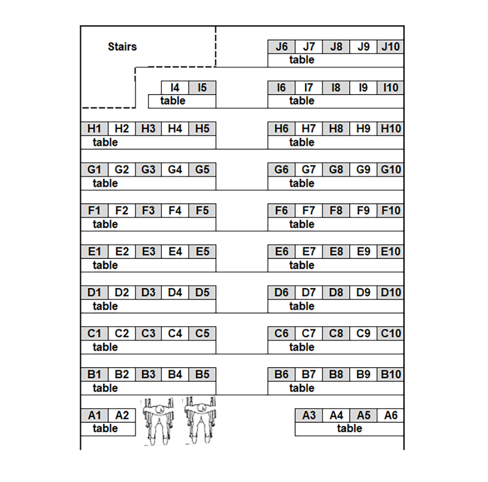 Seating chart diagram for GRIS 103 showing ten rows of seats ranging from 5 to 10 seats, with an aisle separating the rows in the middle, every other chair noted as unavailable for testing and two accessible seating spaces.
