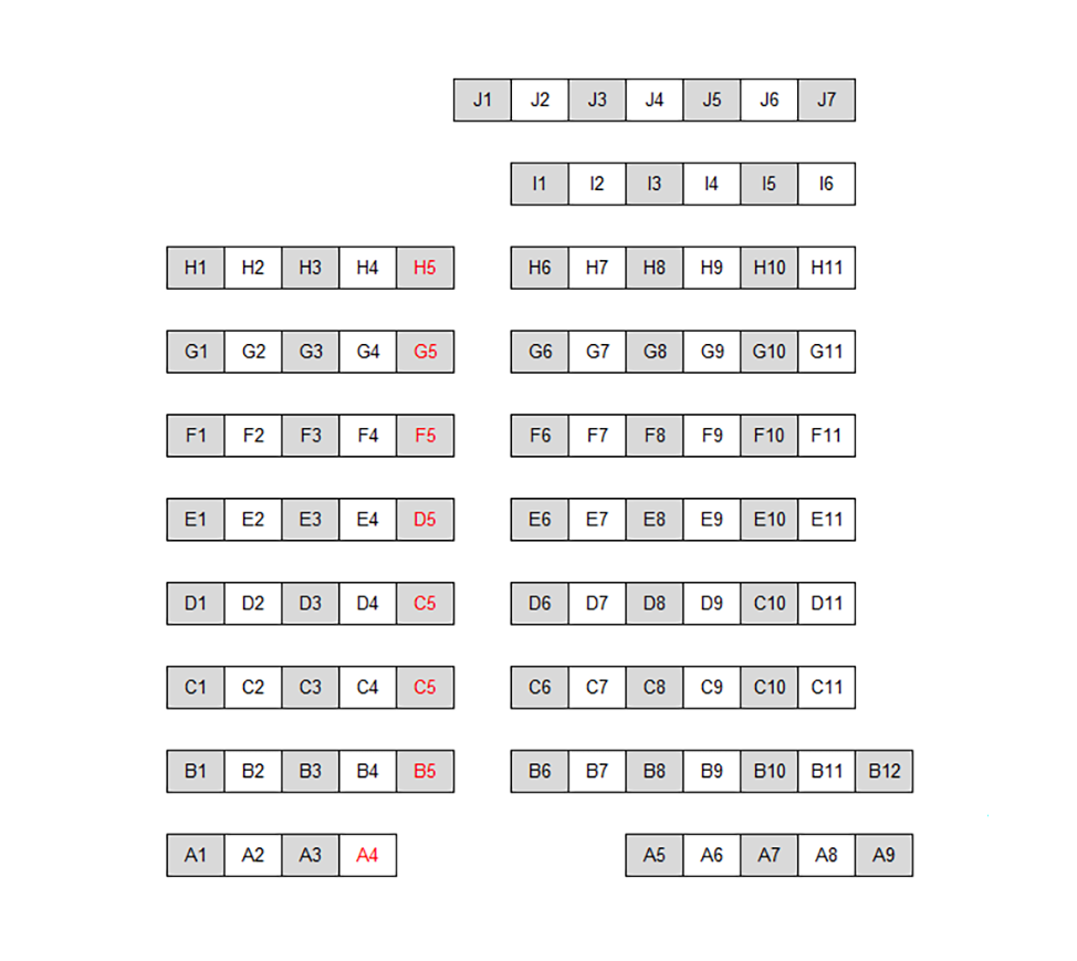 Seating chart diagram for HAMP 1144 showing ten rows of seats ranging from 6 to 12 seats, with an aisle separating the first ten rows in half and every other chair noted as unavailable for testing