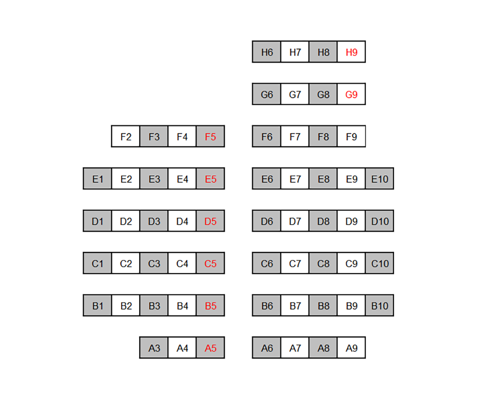 Seating chart diagram for HAMP 1252 showing eight rows of seats ranging from 4 to120 seats, with every other chair noted as unavailable for testing and an aisle separating the first six rows in half.