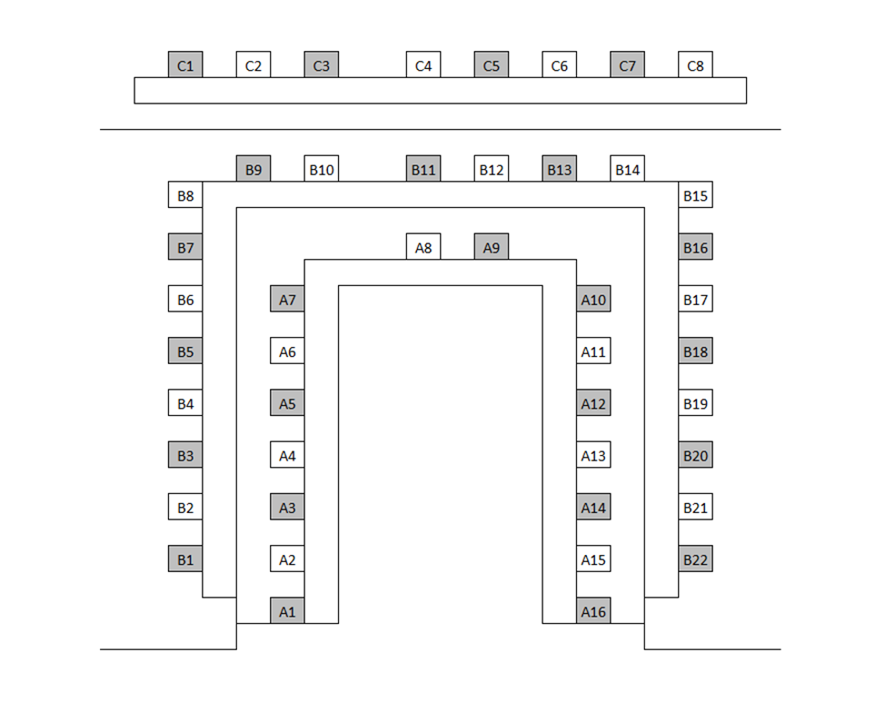 Seating chart diagram for KNOY B031 showing one row of eight seats in the back, and two u-shaped table arrangements in front of it, holding 16 and 22 seats respectively. Every other chair is noted as unavailable for testing.