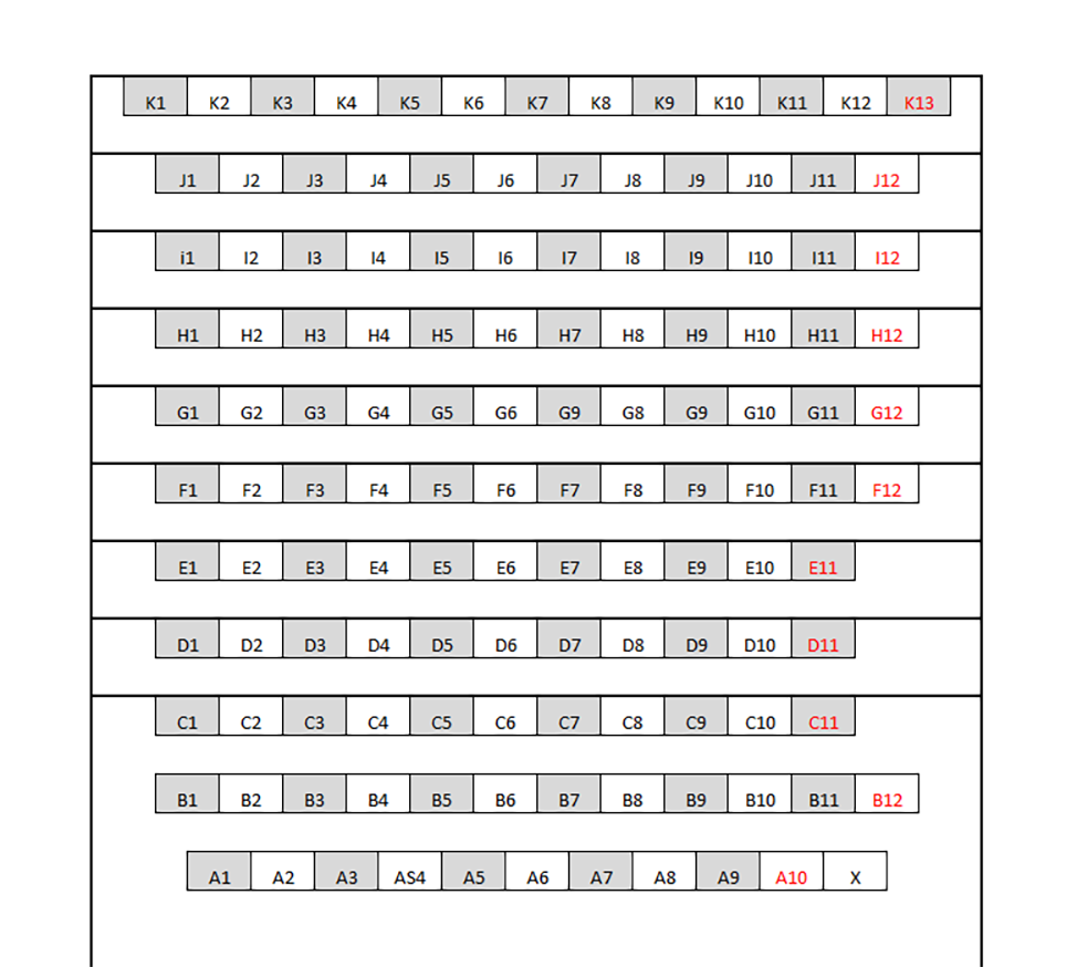 Seating chart diagram for KRAN G016 showing eleven rows of seats ranging from 10 to 13 seats, with every other chair noted as unavailable for testing and one accessible seating space.