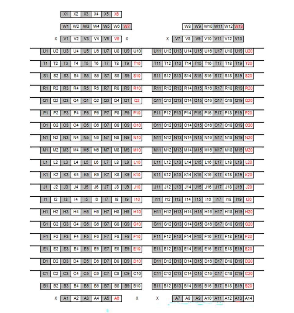 Seating chart diagram for LILY 1105 showing twenty three rows of seats ranging from 6 to 20 seats, with the first twenty rows separated in half by an aisle, every other chair noted as unavailable for testing and six accessible seating spaces.