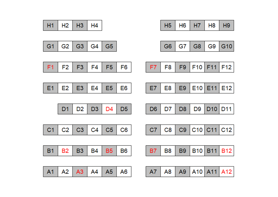 Seating chart diagram for LILY 3118 showing eight rows of seats ranging from 9 to 12 seats, with every other chair noted as unavailable for testing and an aisle separating the rows in half.