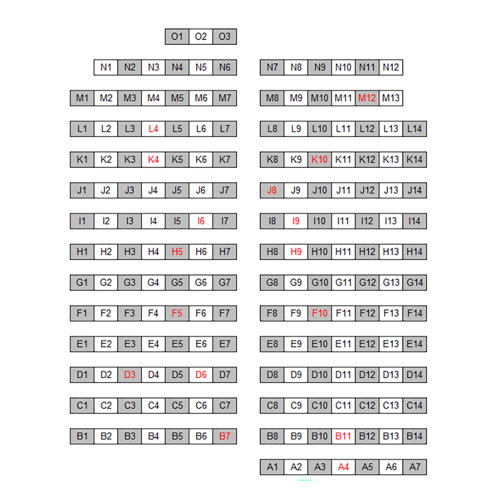 Seating chart diagram for LILY G126 showing fifteen rows of seats ranging from 3 to 2014 seats, with every other chair noted as unavailable for testing and all but the first and last rows separated in half by an aisle.