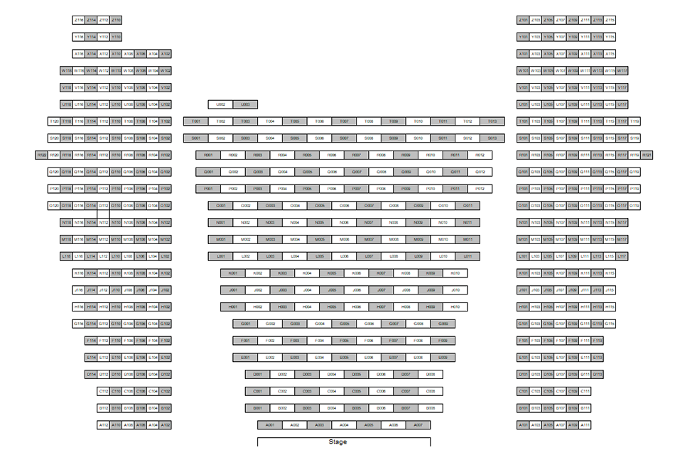 Seating chart diagram for Loeb Playhouse showing twenty five rows of seats ranging from 12 to 34 seats, with every other chair noted as unavailable for testing, all but the last five rows split into three columns and the last five rows split into two columns