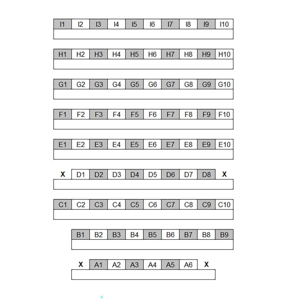 Seating chart diagram for LWSN B155 showing nine rows of seats ranging from 6 to 10 seats, with every other chair noted as unavailable for testing and four accessible seating spaces.