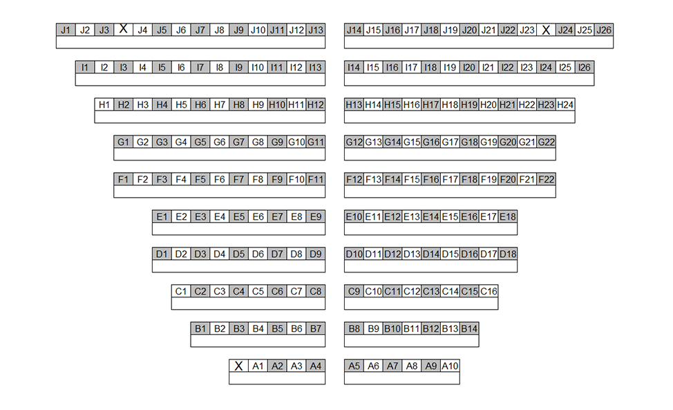 Seating chart diagram for LYNN 1136 showing ten rows of seats ranging from 10 to 26 seats, with an aisle separating the rows in half, every other chair noted as unavailable for testing and three accessible seating spaces.