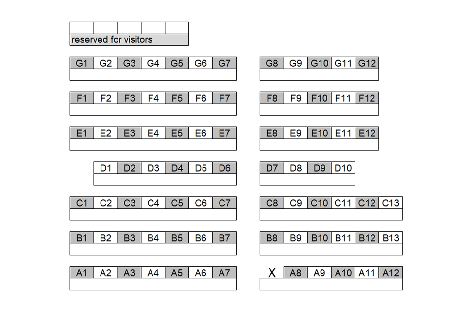 Seating chart diagram for LYNN G167 showing seven rows of seats separated by a middle aisle with seating ranging from 10 to 13 seats, with every other chair noted as unavailable for testing and one accessible seating space. There's also a bonus row in the back with five spaces reserved for visitors.