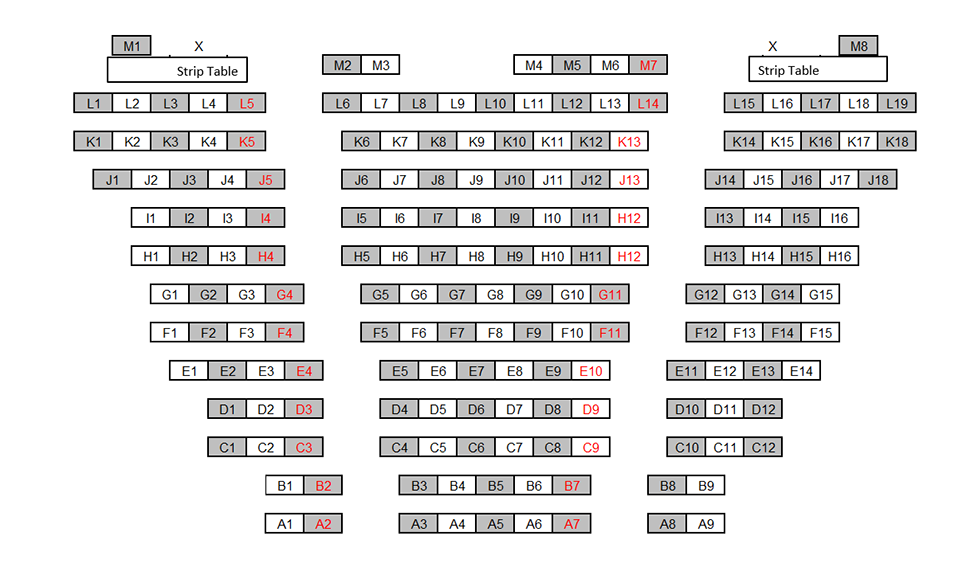 Seating chart diagram for MATH 175 showing 13 rows of seats separated into three sections by aisles with seating ranging from one to nine seats in a section, with every other chair noted as unavailable for testing and two accessible seating spaces.