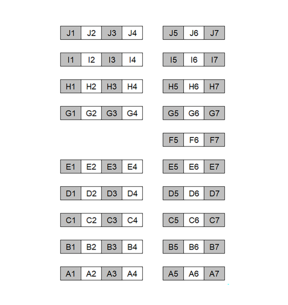 Seating chart diagram for ME 1052 showing 10 rows of seats separated by a middle aisle with seven seats in each row, with every other chair noted as unavailable for testing.
