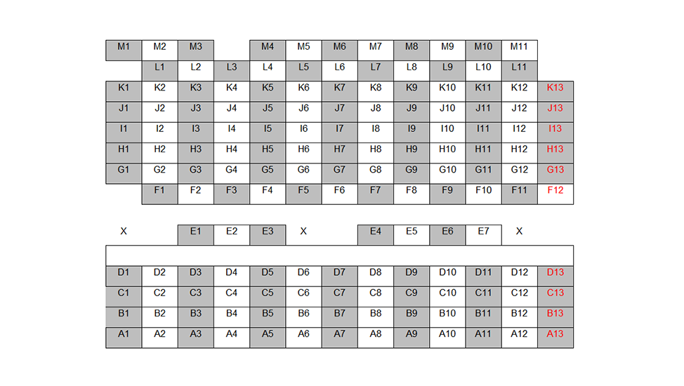 Seating chart diagram for ME 1061 showing 13 rows of seats separated horizontally by a middle aisle with seating ranging from seven to 13 seats, with every other chair noted as unavailable for testing and three accessible seating spaces.