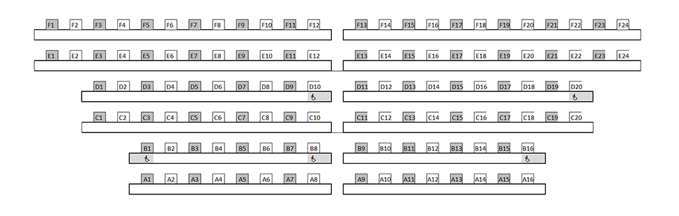 Seating chart diagram for ME 1130 showing six rows of seats separated by a middle aisle with seating ranging from 16 to 24 seats, with every other chair noted as unavailable for testing and five accessible seating spaces.