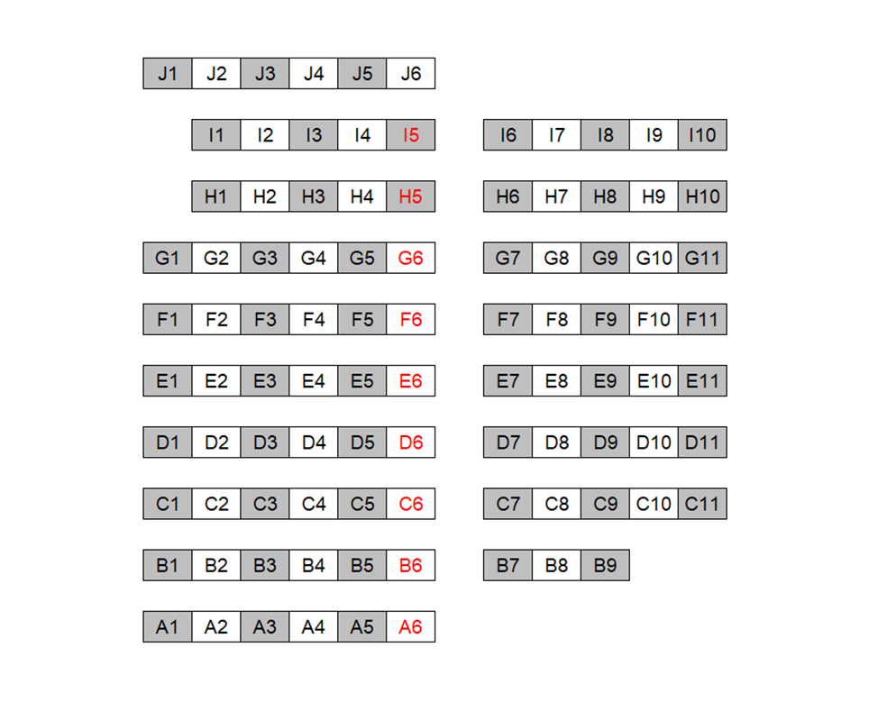 Seating chart diagram for MSEE B012 showing 10 rows of seats separated by a middle aisle with seating ranging from six to 11 seats, with every other chair noted as unavailable for testing.