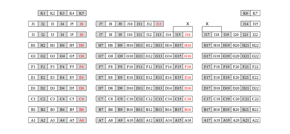Seating chart diagram for MTHW 210 showing 11 rows of seats separated into three sections by aisles with seating ranging from two to 10 seats in each section, with every other chair noted as unavailable for testing and two accessible seating spaces.