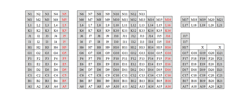 Seating chart diagram for PHYS 112 showing 14 rows of seats separated into thee sections with seating ranging from one to 11 seats, with every other chair noted as unavailable for testing and two accessible seating spaces.