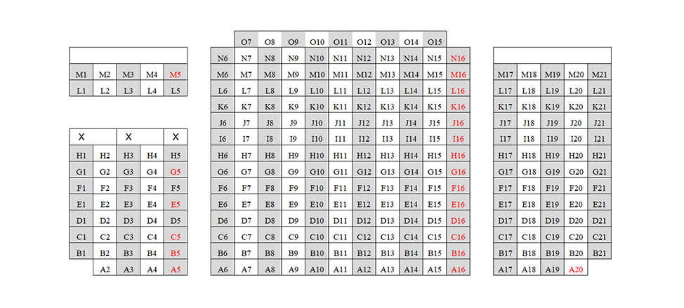 Seating chart diagram for PHYS 114 showing 15 rows of seats separated into three sections with seating ranging from four to 11 seats, with every other chair noted as unavailable for testing and three accessible seating spaces.