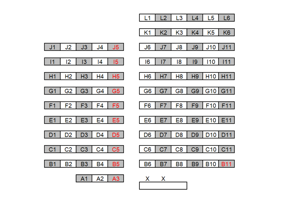 Seating chart diagram for PHYS 223 showing 12 rows of seats separated by a middle aisle with seating ranging from three to six seats, with every other chair noted as unavailable for testing and two accessible seating spaces.