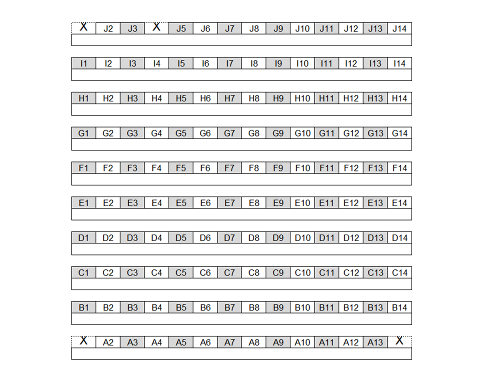 Seating chart diagram for RAWL 1086 showing 10 rows of seats ranging from 13 to 14 seats, with every other chair noted as unavailable for testing and four accessible seating spaces.