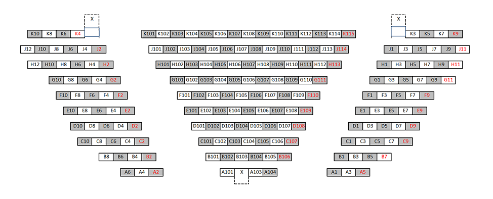 Seating chart diagram for RHPH 172 showing three sections separated by aisles with 10 rows of seats ranging from three to 15 seats, with every other chair noted as unavailable for testing and three accessible seating spaces.