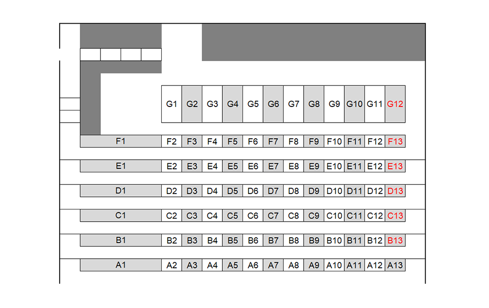 Seating chart diagram for SC 239 showing seven rows of seats ranging from 12 to 13 seats, with every other chair noted as unavailable for testing.
