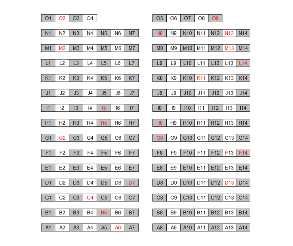 Seating chart diagram for SMTH 108 showing 15 rows separated by an aisle with seats ranging from four to 14 seats, with every other chair noted as unavailable for testing.