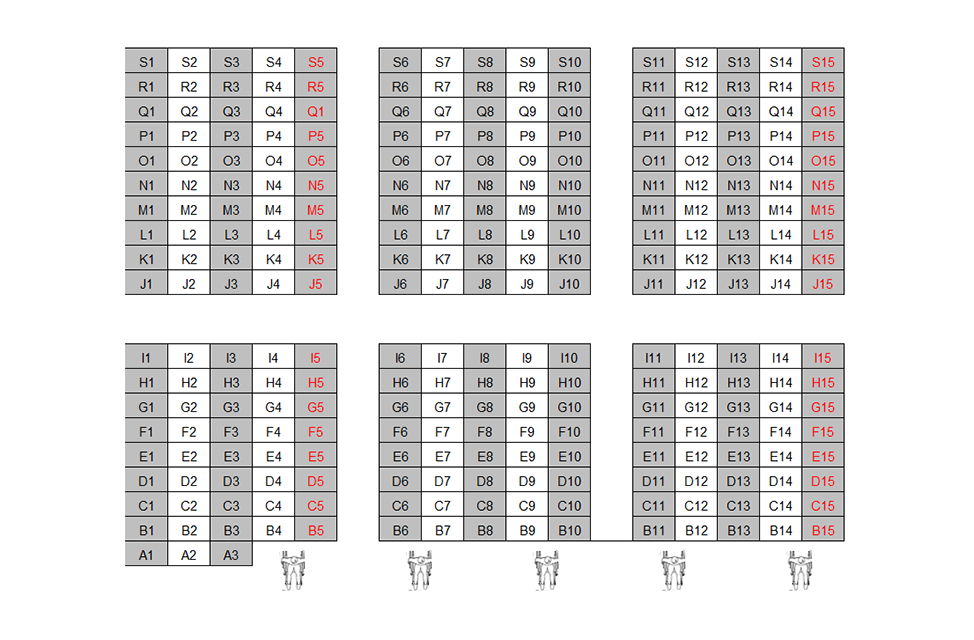 Seating chart diagram for UC 114 showing sections separated by aisles with nine to 10 rows with seating ranging from three to five seats, with every other chair noted as unavailable for testing and five accessible seating spaces are located across the front of the classroom.