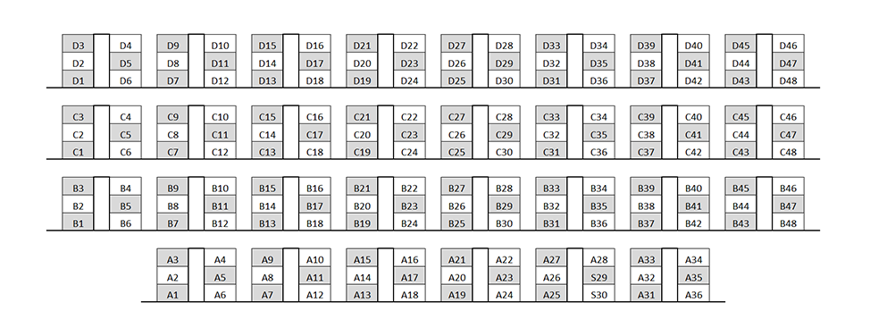 Seating chart diagram for WALC 1018 showing four row sections of seats separated by an aisle with grouped seating ranging from six to eight in a row with groups of six seats in each, every other chair noted as unavailable for testing.