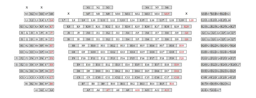 Seating chart diagram for WALC 1055 showing three sections separated by aisles with 13 rows in the sections on the sides and 14 rows in the middle section. The rows of seats range from three to 14 seats, every other chair noted as unavailable for testing. There are four accessible seats in the front of the classroom, two with the left section and two on either end of the middle section.