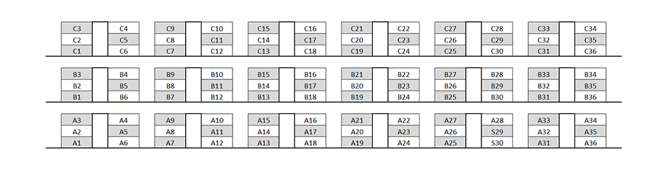 Seating chart diagram for WALC 1132 showing three row sections of seats separated by an aisle with six groups of seating in a row with six seats in each, every other chair noted as unavailable for testing.