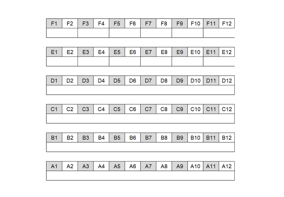 Seating chart diagram for WALC 2088 showing six rows with 12 seats in each, every other chair noted as unavailable for testing.