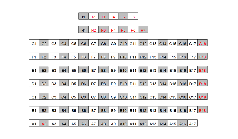 Seating chart diagram for WTHR 104 showing nine rows of seats ranging from six to 18 seats, every other chair noted as unavailable for testing.