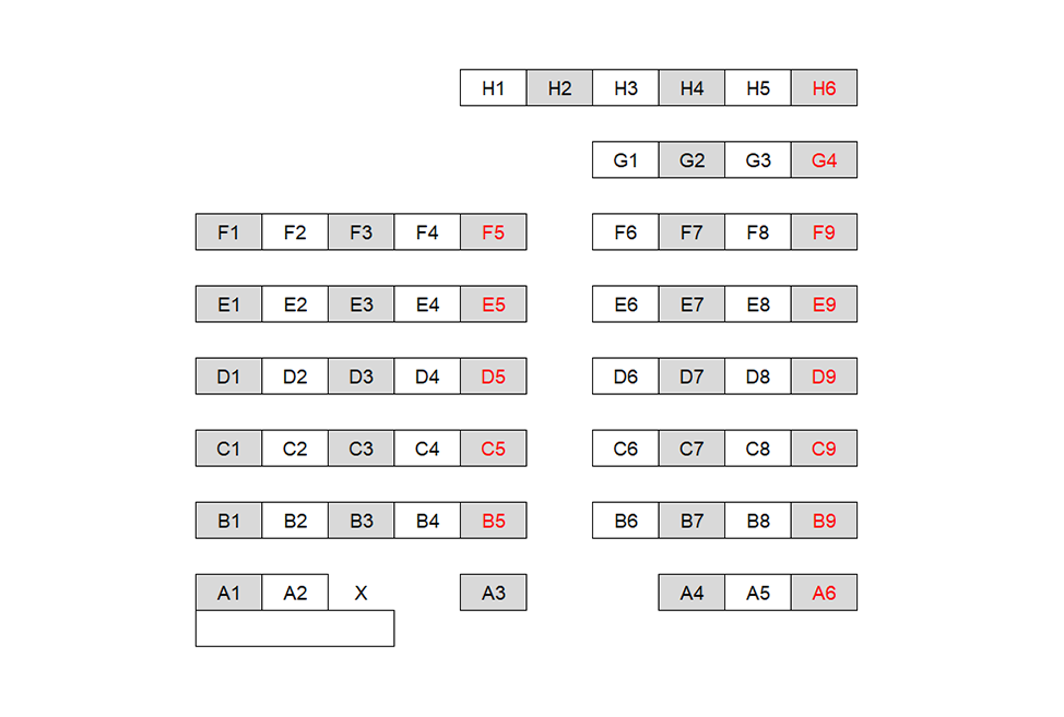 Seating chart diagram for WTHR 160 showing eight rows of seats separated by an aisle ranging from three to six seats, every other chair noted as unavailable for testing. There is one accessible seat in the middle of the back row of the left side of the room.
