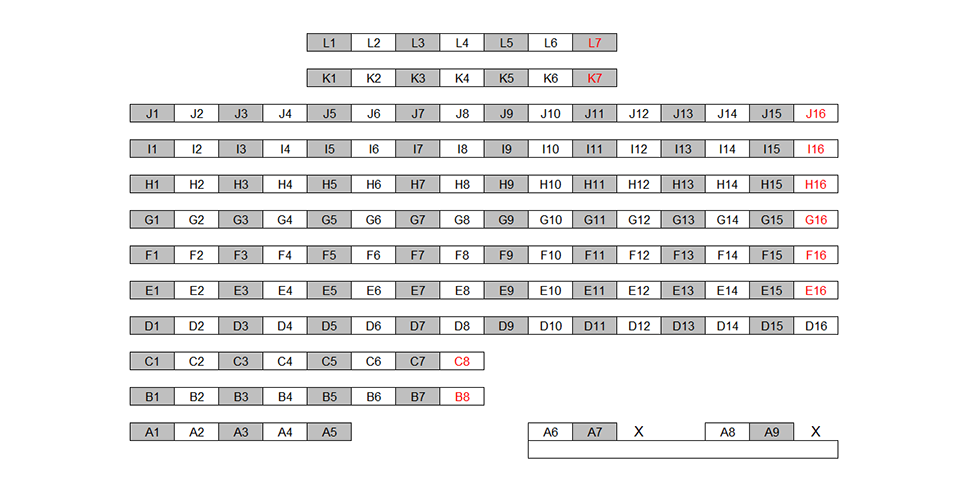 Seating chart diagram for WTHR 172 showing 12 rows of seats ranging from seven to 16 seats, every other chair noted as unavailable for testing. There are two accessible seats in the back row in a separate section toward the right side.