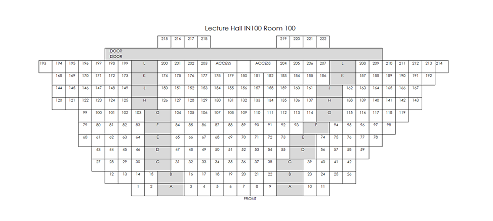 Seating chart diagram for LE 100 in Indianapolis showing twelve rows of seats separated by a middle aisle with seating ranging from 4 to 26 seats and two accessible seating spaces.
