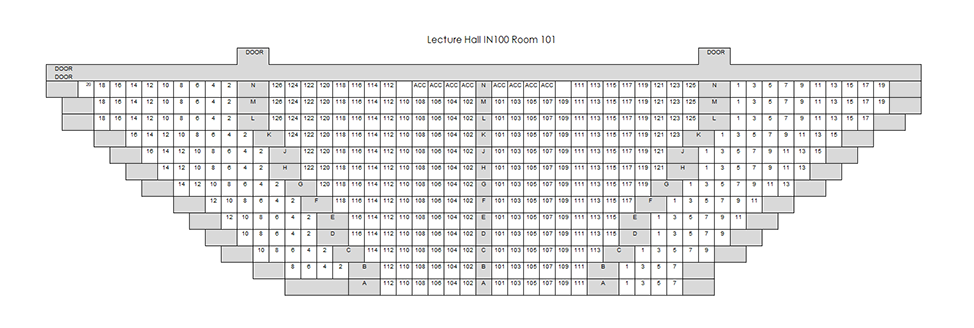 Seating chart diagram for LE 101 in Indianapolis showing thirteen rows of seats with seating ranging from 16 to 46 seats, with eight accessible seating spaces.