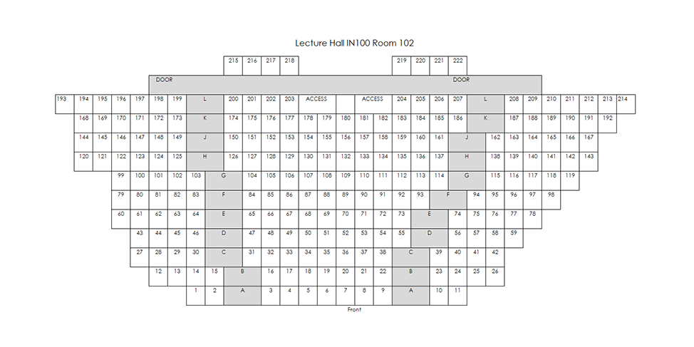 Seating chart diagram for LE 102 in Indianapolis showing twelve rows of seats with seating ranging from 8 to 27 seats, with two accessible seating spaces.