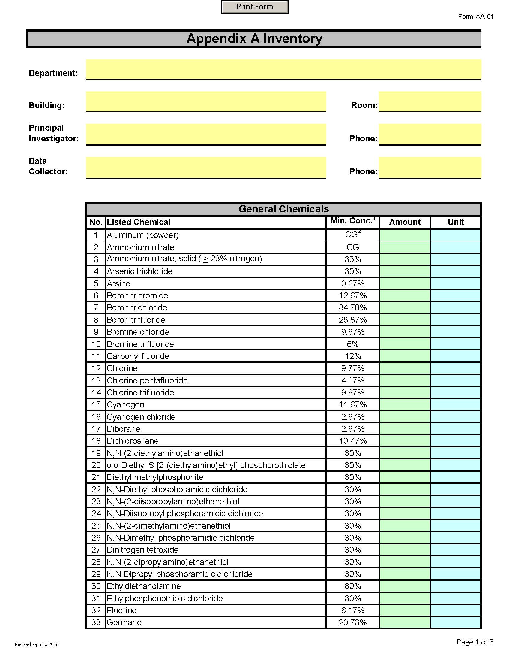Clickable link for CFATS Appendix A Inventory Form