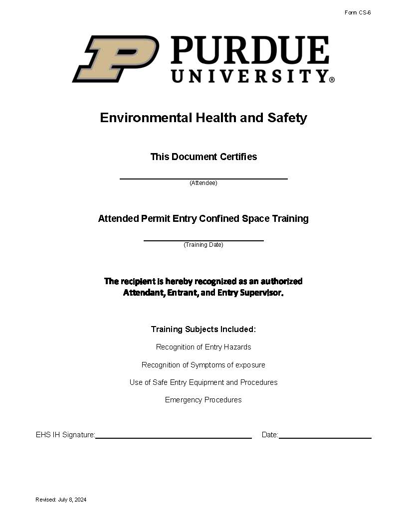 clickable link to the confined space training certificate