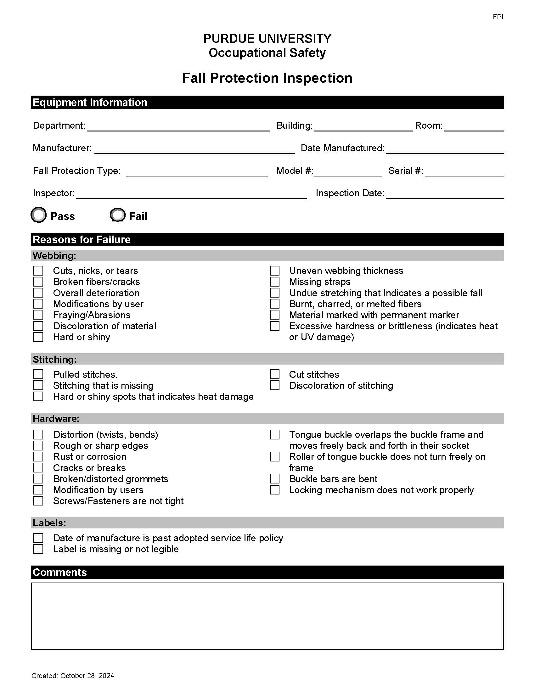 Fall Protection Inspection form