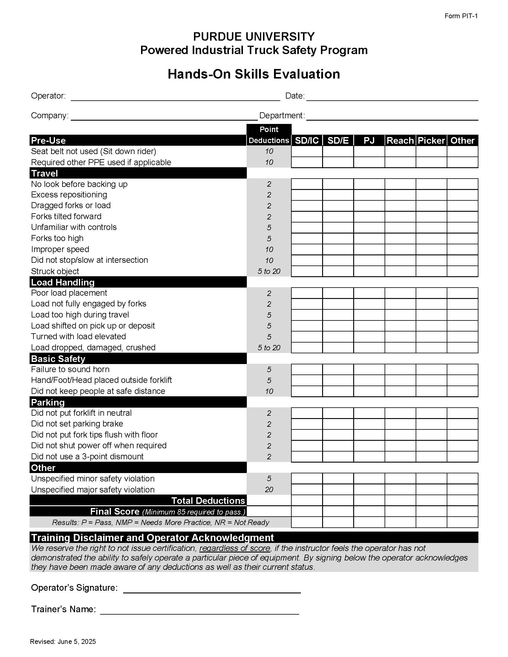 Powered Industrial Truck Hands-On Skills Evaluation