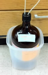 Four liter brown glass HPLC waste collection container with properly modified cap with 2 hoses.