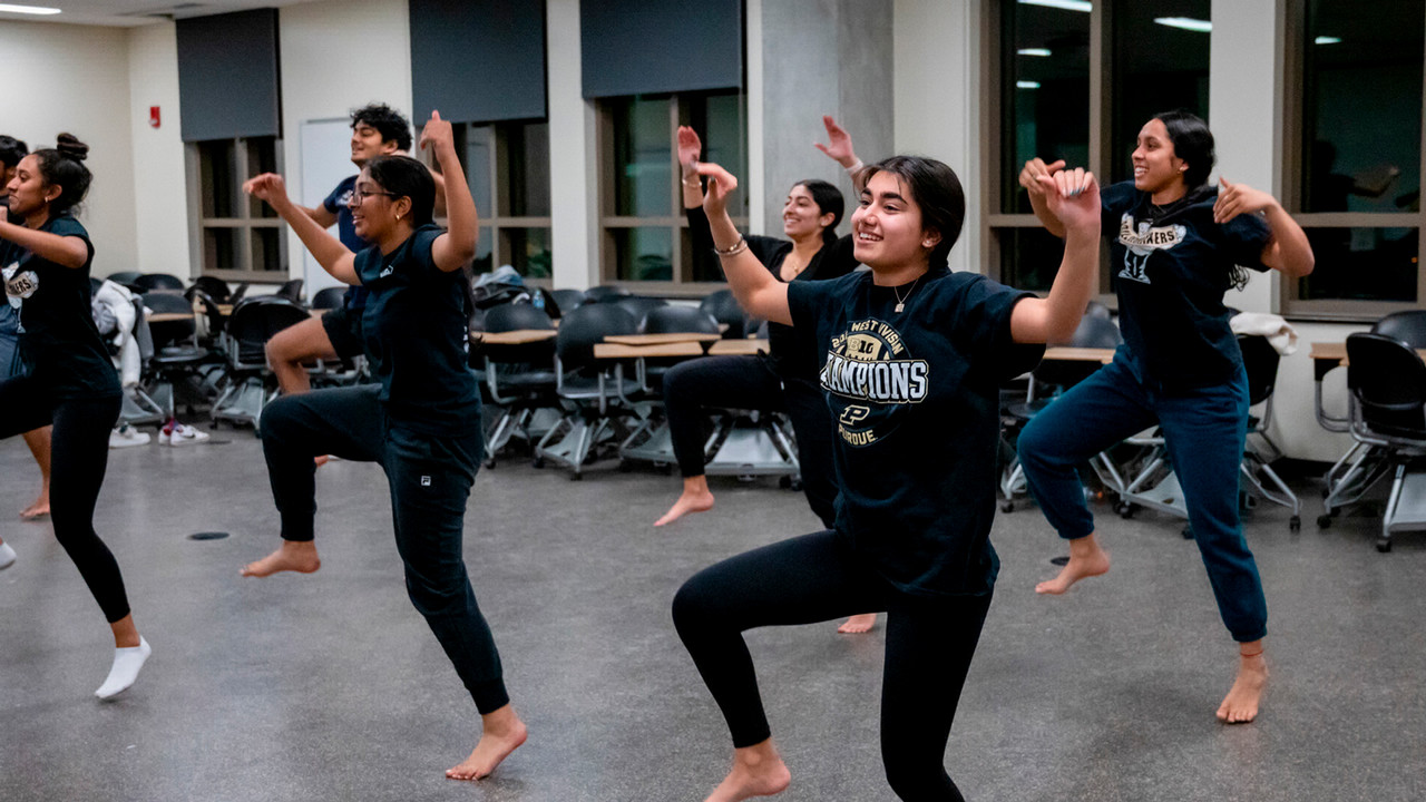 Boiler Bhangra Student organization practicing their dancing at the CoRec.