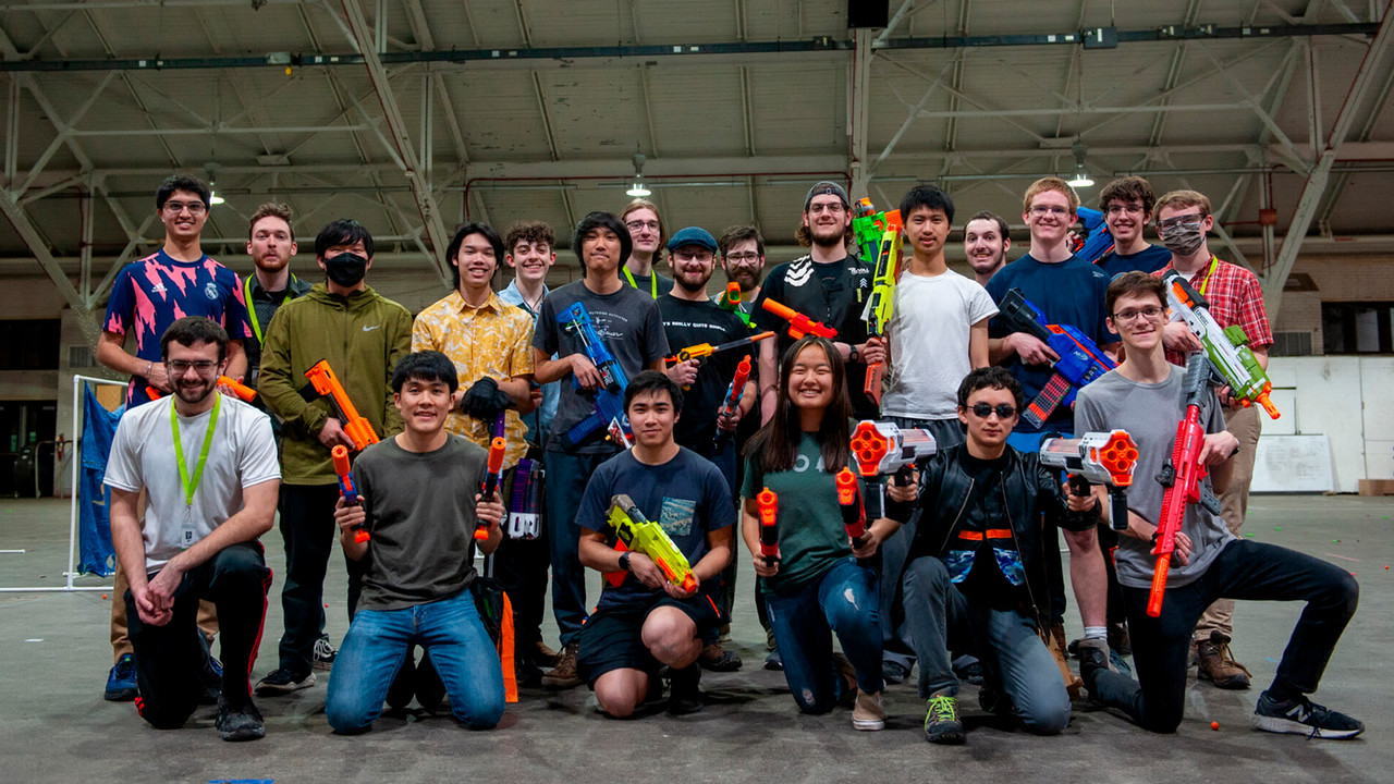 Boiler League of Tag student organization posing for a photo during practice in the Armory. 