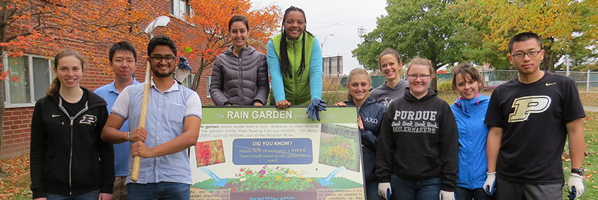 Student volunteers at the Rain Garden project
