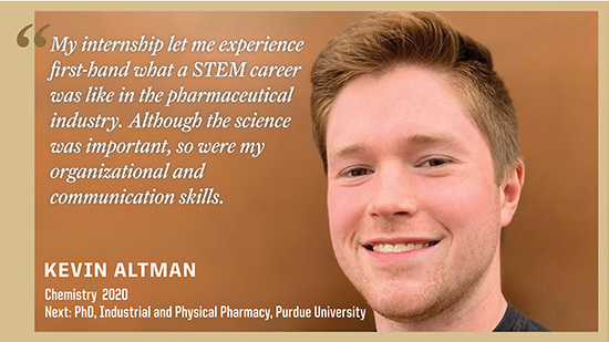 Kevin Altman, Chemistry: My internship let me experience first-hand what a STEM career was like in the pharmaceutical industry. Although the science was important, so were my organizational and communication skills.