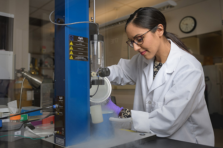 Graduate student works with a cryo microscope.