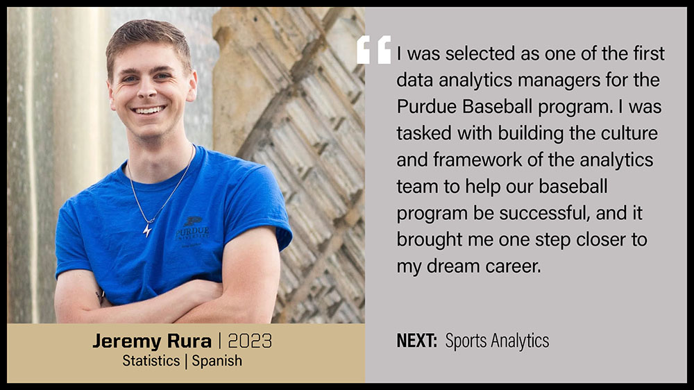 Jeremy Rura, Statistics and Spanish: I was selected as one of the first data analytics managers for the Purdue Baseball program. I was tasked with building the culture and framework of the analytics team to help our baseball program be successful, and it brought me one step closer to my dream career.