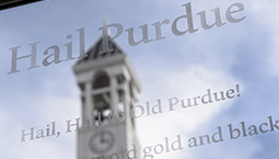 Hail Purdue text with the Bell Tower behind it