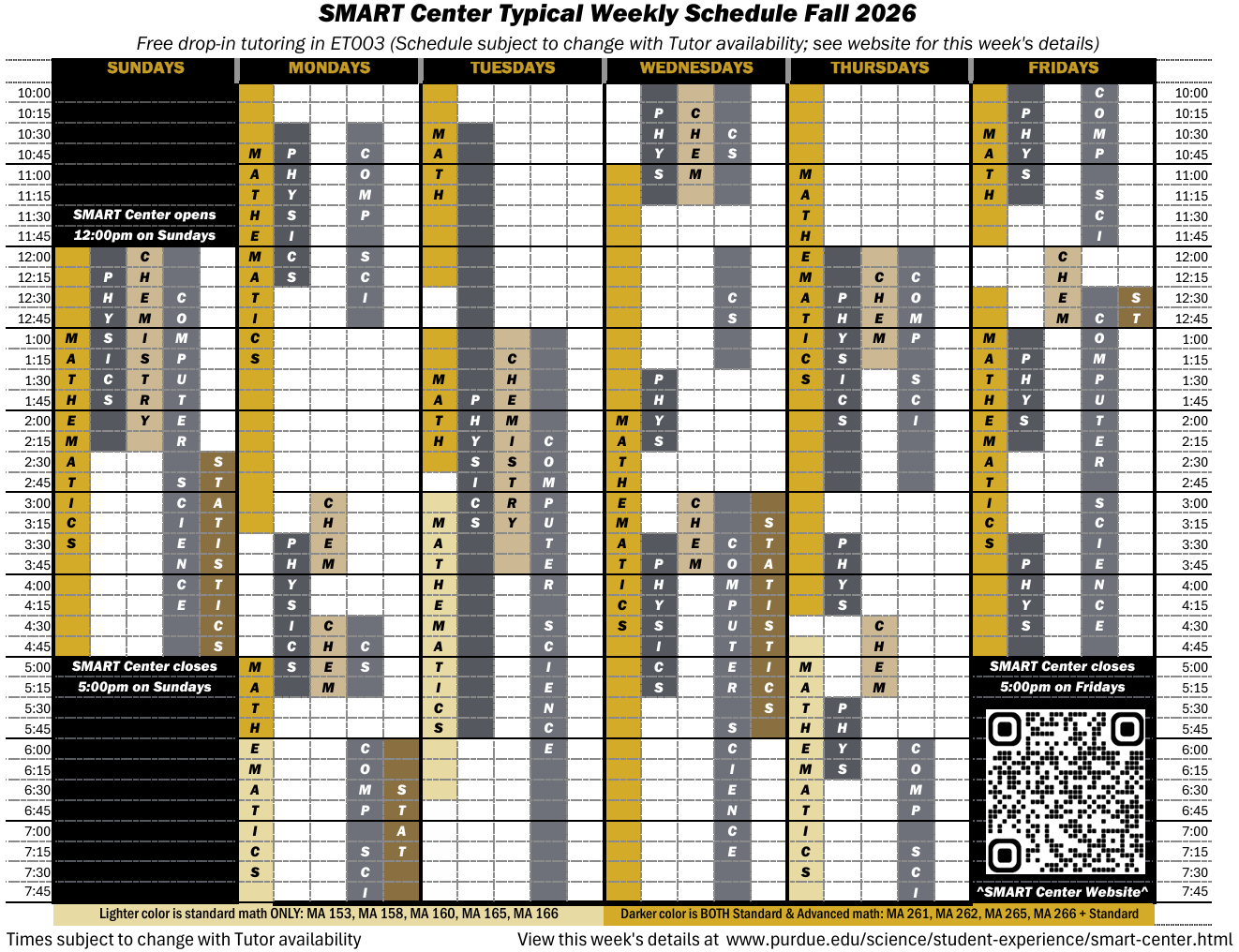The SMART Center Typical Weekly Schedule for Fall 2026. Subject to change with Tutor availability.   On Sundays:   Standard and Advanced Math 12:00-5:00  Physics 12:00-2:30  Chemistry 12:00-2:30  Computer Science 12:00-5:00  Statistics 2:30-5:00     On Mondays:   Standard and Advanced Math 10:00-3:30 and 5:00-6:00  Standard Math only: 6:00-8:00  Physics 10:30-12:30 and 3:30-5:30  Chemistry 3:00-4:00 and 4:30-5:30  Computer Science 10:30-1:00, 4:30-5:30, and 6:00-8:00  Statistics 6:00-8:00   On Tuesdays:   Standard and Advanced Math 10:00-12:30 and 1:00-2:45  Standard Math only 3:00-6:45  Physics 10:30-6:00  Chemistry 1:00-4:00   Computer Science 1:00-8:00  Statistics is not available on Tuesdays   On Wednesdays:   Standard and Advanced Math 11:30-1:30 and 2:30-8:00  Physics 10:00-11:30, 1:30-2:30, and 3:30-5:30  Chemistry 10:00-11:30 and 3:00-4:00   Computer Science 10:00-11:30, 12:00-1:30, and3:00-8:00  Statistics 3:00-6:00   On Thursdays:   Standard and Advanced Math 10:00-4:30  Standard Math only 4:45-8:00  Physics 12:00-3:00, 3:30-4:00, and 5:30-6:30  Chemistry 12:00-1:30 and 4:30-5:30   Computer Science 12:00-3:00 and 6:00-8:00  Statistics is not available on Thursdays   On Fridays:   Standard and Advanced Math 10:00-12:00 and 12:30-5:00  Physics 10:00-11:30, 1:00-2:30, and 3:30-5:00  Chemistry 12:00-1:00   Computer Science 10:00-12:00, and 12:30-5:00  Statistics 12:30-1:00 